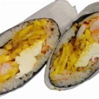 Fancy Sushirrito · Tempura flakes, crabmeat, cream cheese, mango, boilded shrimp and avocado with sweet chili s...