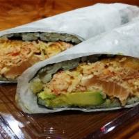 Kamikaze Sushirrito · Crab meat, tempura flakes, avocado and salmon with spicy mayo wrapped seaweed, sushi rice an...