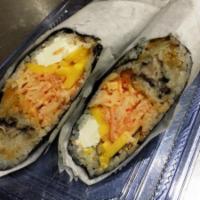 Oyster King Sushirrito · Tempura oyster, mango, cream cheese and crab meat with spicy mayo wrapped by seaweed, sushi ...