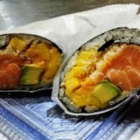 Salmon Monster Sushirrito · Salmon, avocado, mango, tempura flakes with spicy mayo and sweet chili sauce wrapped by seaw...