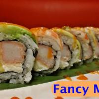 Fancy Maki · 10 pieces. tempura flakes, crab meat, cream cheese, and mango inside, topped with boiled shr...