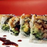 Scorpion Maki · 10 pieces. grilled eel, avocado and cucumber inside, topped with shrimp and sweet soy sauce....