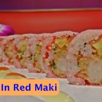 Lady in Red Maki  · 10 pieces. tempura shrimp, king crab, crab meat, mango and scallion rolled with soy paper wi...