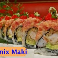 Phoenix Maki · 10 pieces. tempura shrimp, crab meat and avocado inside, topped with chopped tuna mixed with...