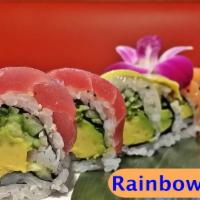 Rainbow Maki  · 10 pieces. crab meat, avocado, and cucumber inside, topped with salmon, tuna, white fish, sh...