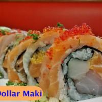 Million Dollar Maki  · 10 pieces. white fish, salmon, tuna, tempura flakes, and spicy mayo inside, topped with yell...