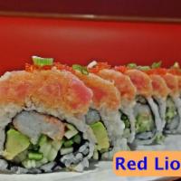 Red Lion Maki · 10 pieces. tempura flakes, crab meat, avocado, and cucumber, topped with tuna, tempura flake...