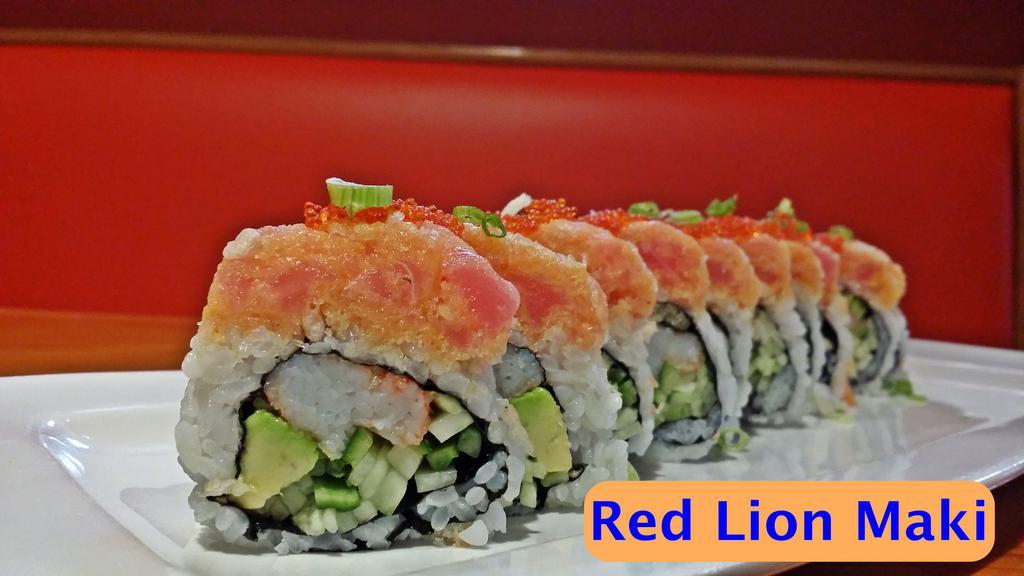 Red Lion Maki · 10 pieces. tempura flakes, crab meat, avocado, and cucumber, topped with tuna, tempura flakes, spicy mayo, tobiko, and scallion. contains gluten, egg, sesame oil.
