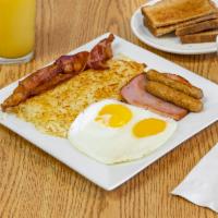 Nayhely Hearty Breakfast Special · 2 eggs, 2 strips of bacon, 2 sausage links, sliced grilled ham, 2 fluffy buttermilk pancakes...