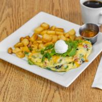 Spanish Omelet Breakfast  · Cheddar cheese, green peppers, ripe olives, and tomatoes, with melted cheddar cheese, topped...