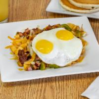 Mega Skillet Breakfast  · Diced ham, diced bacon, diced onion, and green bell peppers, topped with melted  cheddar che...