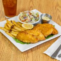 Fish & Chips Dinner  · 4 cod filets dipped in beer battered and fried to a golden brown. Served with coleslaw and c...