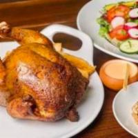Family Style 2 Chickens · 2 whole chickens, Salad, choice of yucca or french fries and 2 large Sides
