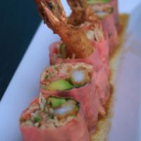 Sophie Roll · Spicy krab salad, cilantro, shrimp tempura, and avocado rolled in rice paper with ginger yuz...