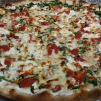 Vegetarian Lovers Pizza · Mushrooms, peppers, onions, olives, spinach, tomatoes, a hint of garlic, sauce and mozzarell...