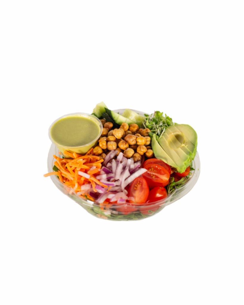 Spinach ＆ Microgreens · Baby spinach, microgreens, shaved carrots, cherry tomato, avocado, red onion, cucumber, roasted chickpeas. Served with Garlic Basil Dressing