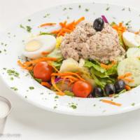 Tuna Salad · On lettuce with tomato, cucumber and sliced egg. Gluten free.