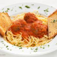 Spaghetti and Meatballs Dinner · Choice of meat served over spaghetti and garlic bread.