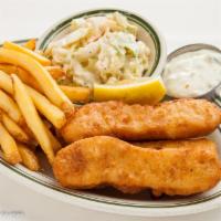 Fish and Chips Dinner · Served with coleslaw, tartar sauce, roll and butter.