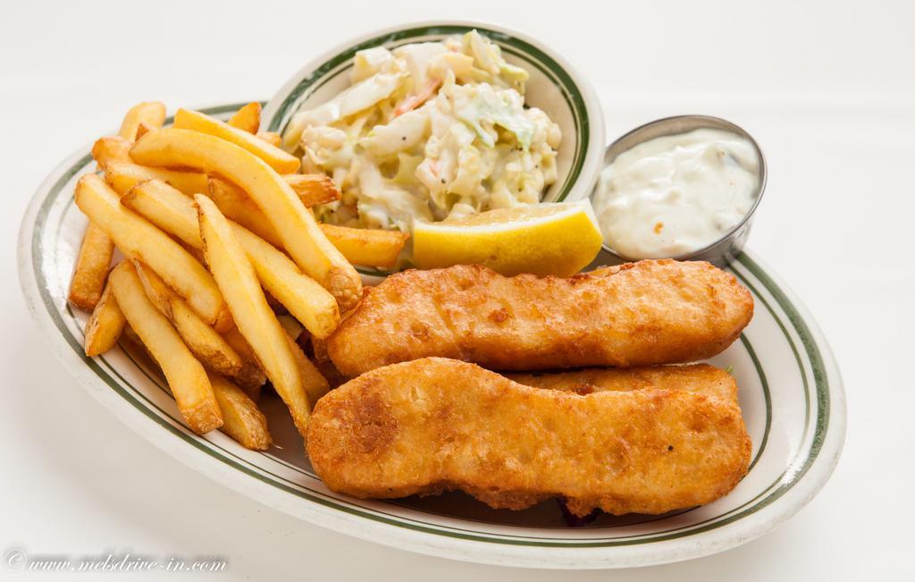 Fish and Chips Dinner · Served with coleslaw, tartar sauce, roll and butter.