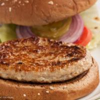 Gourmet Turkey Burger · 1/3 lb. ground turkey patty served on a whole wheat bun with all the trimmings- Served with ...