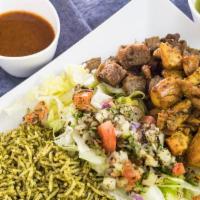 Mix Meat Platter · Combination of chicken and Lamb. Includes rice, protein and salad.
