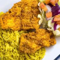 Fried Fish Platter · Wild cod, breaded in house with your choice of rice, with a side of salad.
