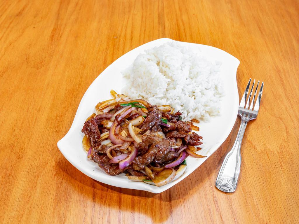 Mongolian Beef Dinner Special · Thinly- sliced beef with garlic, scallions, and onion.