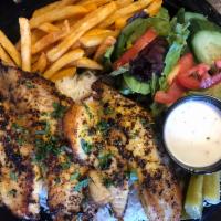 Grilled Tilapia · 2 Pieces of grill tilapia marinated in our special recipe. Served with rice, salad and fries.