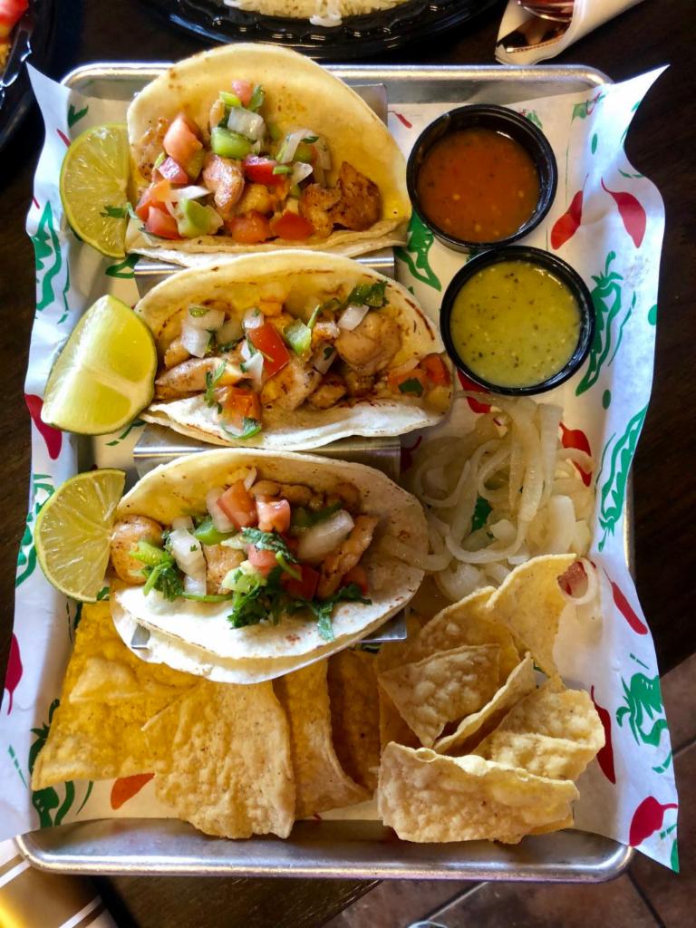 3 Chicken Street Tacos · Flour or corn tortilla, topped with pico de gallo, grill onion, green and red salsa.
