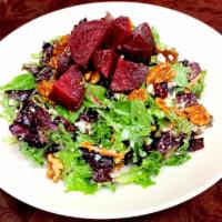 Red Beet Salad · Red Beets, Bleu Cheese, Candied Walnuts, Dried Cranberries, Mixed Greens, Lemon Vinaigrette ...