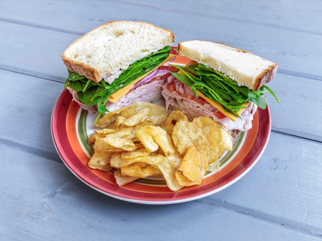 Deli Sandwich · Ham, turkey or pastrami, cheddar, Swiss, pepper Jack or provolone cheese. Served on your choice of bread with mustard, mayo, sliced tomato, sliced red onion and spinach.