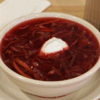 Borscht Soup · Our Vegetarian Borscht is packed with more then six veggies including beats, carrots, cabbag...