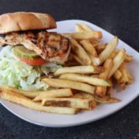 Mesquite-Grilled Chicken Sandwich · Topped with lettuce, tomato, pickles and onions. Served with your choice of side.