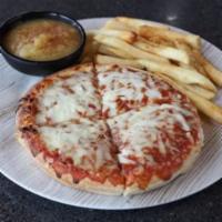Kid's Cheese Pizza · Cheese pizza with applesauce topped with cinnamon sugar and your choice of side.