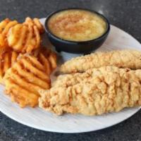 Kid's Chicken Strips · Chicken strips served with applesauce topped with cinnamon sugar and your choice of side.
