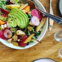Big Salad of Seasonal Vegetables (V) · Greens, roasted veggies, daikon radish, sunflower & sesame seeds, vinaigrette (vegan)

Yes, ...