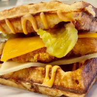 Zesty Chicken Sandwich · Chicken, bacon cooked inside the batter, pickles, pepper jack cheese, cheddar cheese, drizzl...