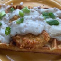 Chicken Gravy Waffle · Fresh make waffle with a fry chicken party top with sausage gravy (gravy on the side please ...