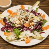 Ralph Ave Salad · Mesclun greens, radicchio, Gorgonzola cheese, tangerines, endive, and walnuts.