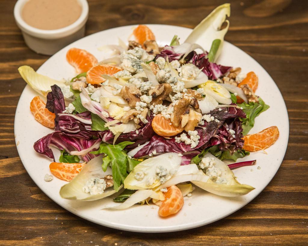 Ralph Ave Salad · Mesclun greens, radicchio, Gorgonzola cheese, tangerines, endive, and walnuts.