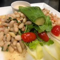 Avocado San Pietro Salad · Baby shrimp, avocado, arugula, grape tomatoes and cannellini beans in a Champagne mustard sa...