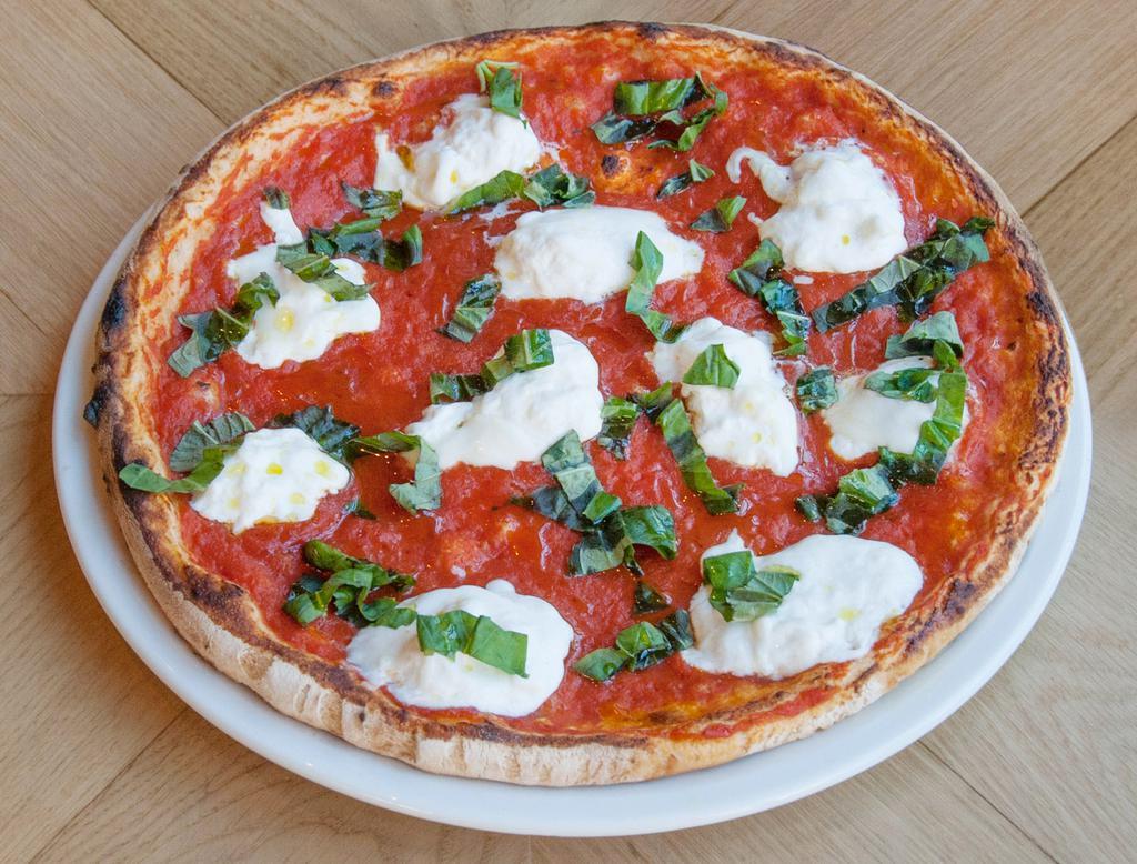 Alla Burrata Pizza · Imported Italian burrata, San Marzano tomato and basil. Vittorio's favorite pizza.