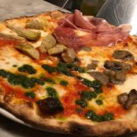 4 Stagioni Pizza · Tomato, mozzarella, mushrooms, artichokes, pesto and Prosciutto di Parma.