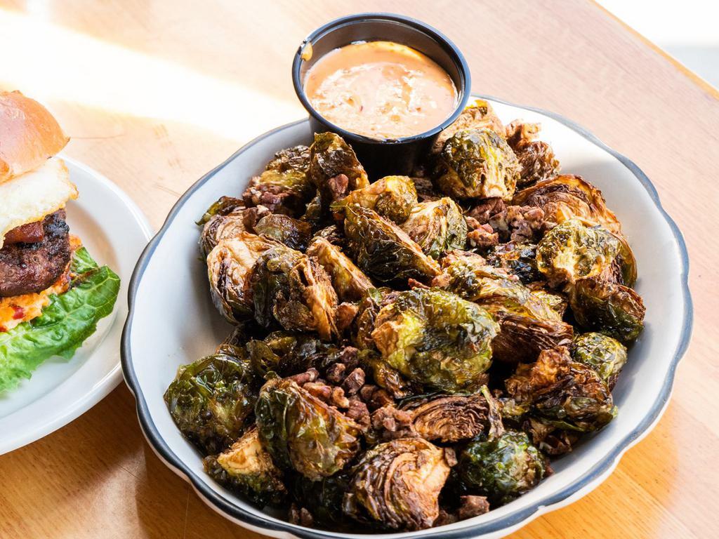 Fried Brussels Sprouts Appetizer · with spiced pecan pieces and chipotle aioli