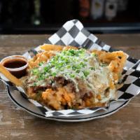 Disco Fries · Fries covered with pimento cheese, pulled pork, pickled jalapenos, scallions, Pepper Jack ch...