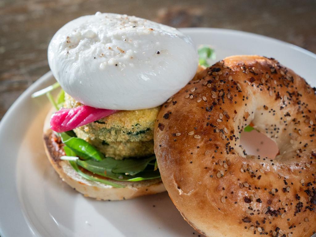 Veggie Sandwich · Burrata cheese, fried zucchini, pickled onion, arugula, and romesco sauce on an everything bagel. *Nut allergy* (instruct no romesco for no nuts)