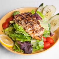 Jerk Salmon Mixed Green Salad · Mixed lettuce, tomatoes, avocado, and cucumber with honey mustard dressing.