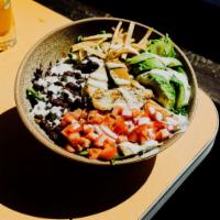 Southwest Salad · Mixed greens, black beans, sliced avocado, cheddar cheese blend, diced tomatoes, crispy whit...