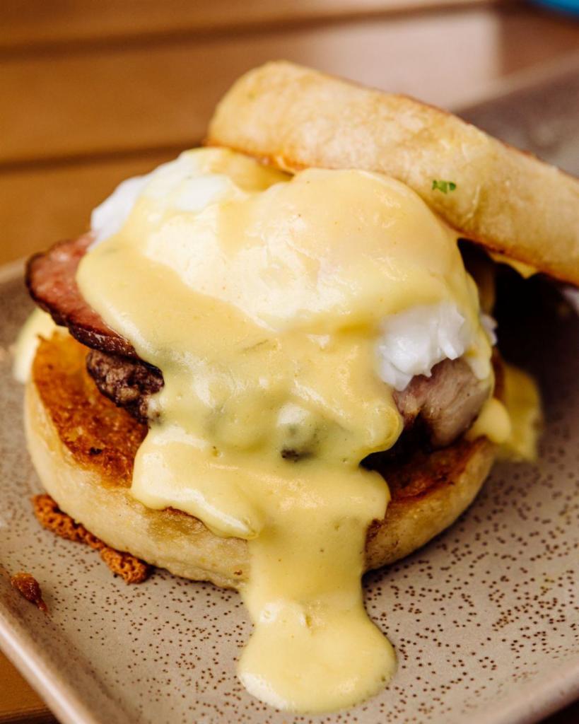 Benny Burger  · Ground Beef Patty, Hollandaise, shoulder Bacon, and a poached egg on an English muffin.